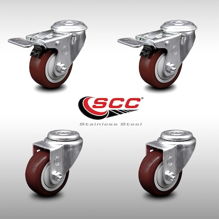Service Caster 3.5 Inch SS Maroon Polyurethane Bolt Hole Caster Set with 2 Total Lock Brake SCC SCC-SSBHTTL20S3514-PPUB-MRN-2-S-2